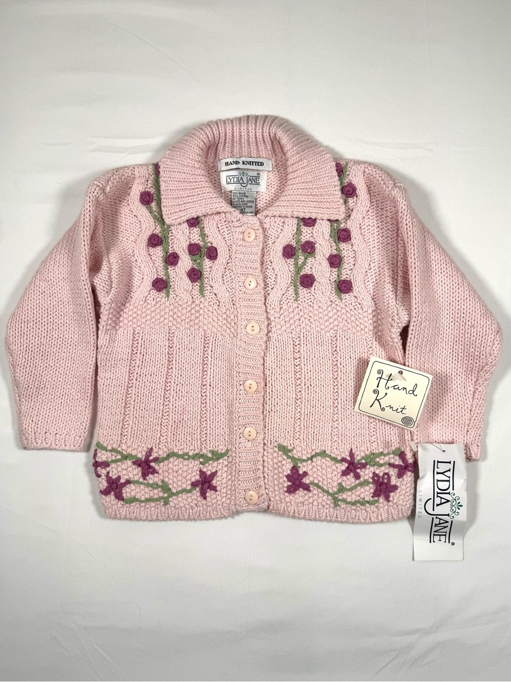 VINTAGE NWT LYDIA JANE Girls Hand Knit Floral Cardigan 4T Cottagecore 90s NEW - Picture 7 of 13